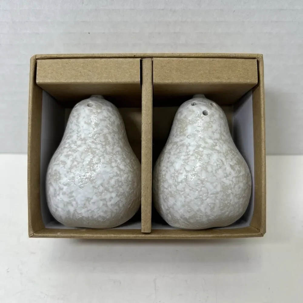 West Elm Speckled White Pear Salt & Pepper Shakers Ceramic NIB 8439036
